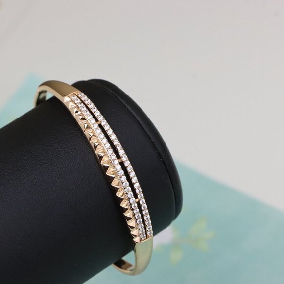 Rose Gold Bangle with Dual CZ Rows and Stud Detail, XPBL0539 - Picture 8 of 12